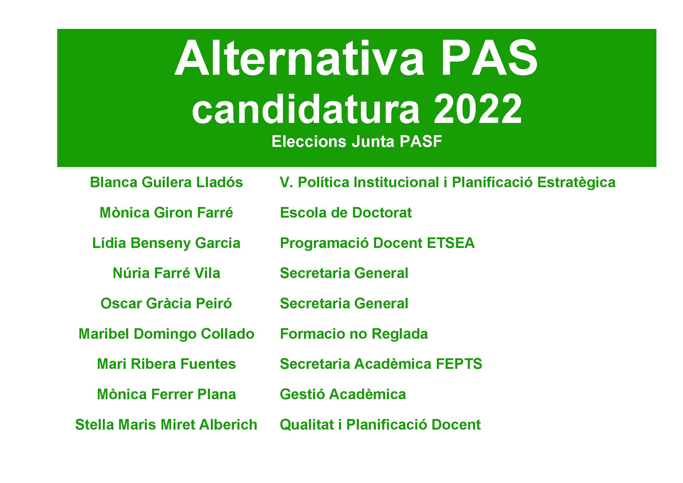 Taula candidatura APAS Eleccions Junta PASF 2022