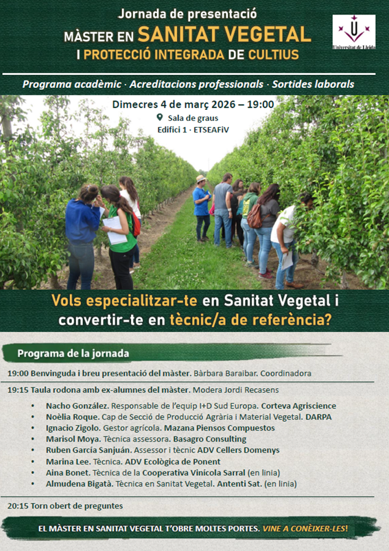 Jornada de presentació del nou Màster de sanitat vegetal i protecció integrada de cultius
