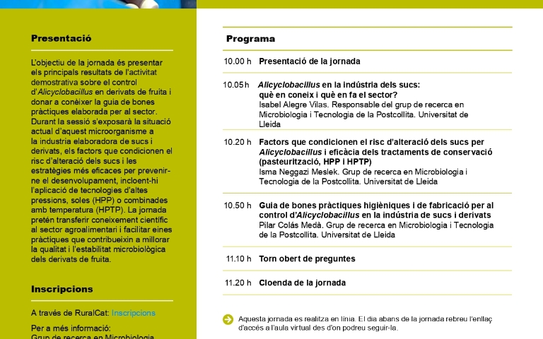 Jornada tècnica: Situació actual i estratègies de control d’Alicyclobacillus acidoterrestris en derivats de fruita
