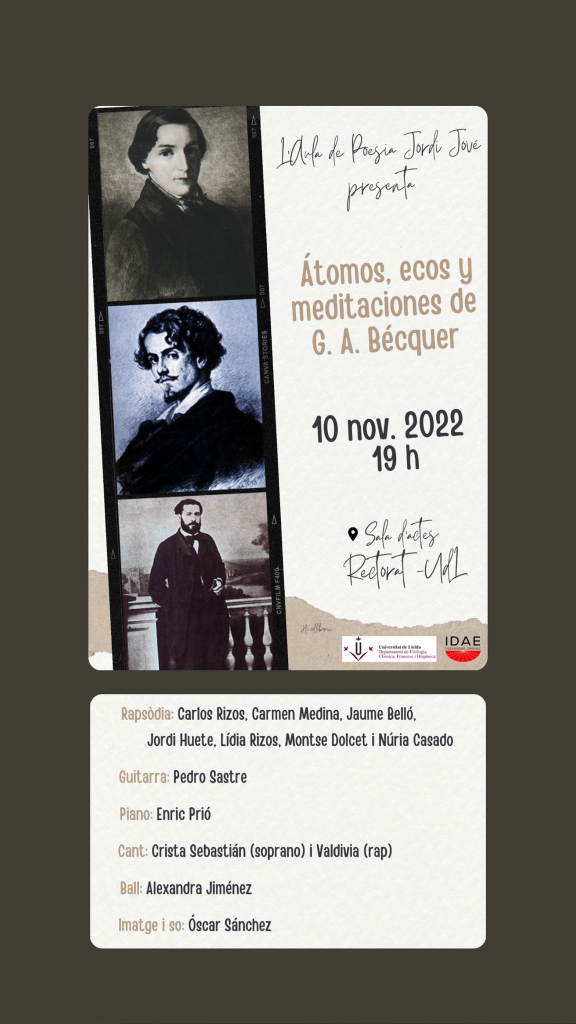 Representació de l'espectacle musical i literari: Átomos, ecos y meditaciones de G. A. Bécquer Representació de l'espectacle musical i literari: Átomos, ecos y meditaciones de G. A. Bécquer